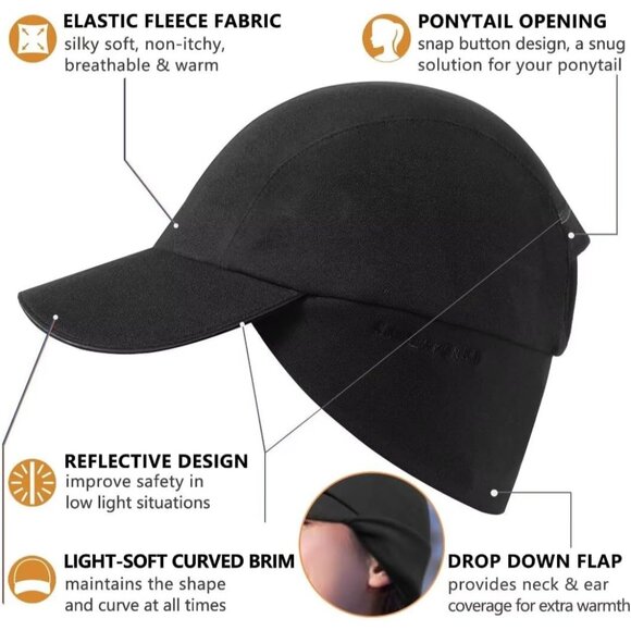 Women's Black Winter Ponytail Reflective Drop Down Ear Warmer Fleece Running Hat - Picture 2 of 6
